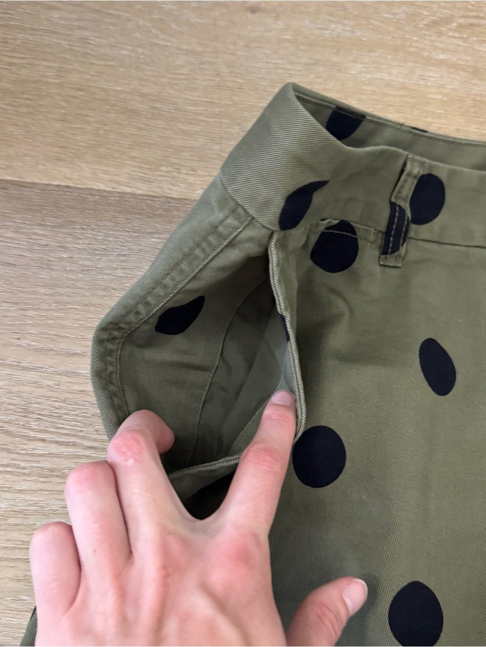 J Crew Olive Green Polka Dot Pants with Black Dots - Picture 5 of 9